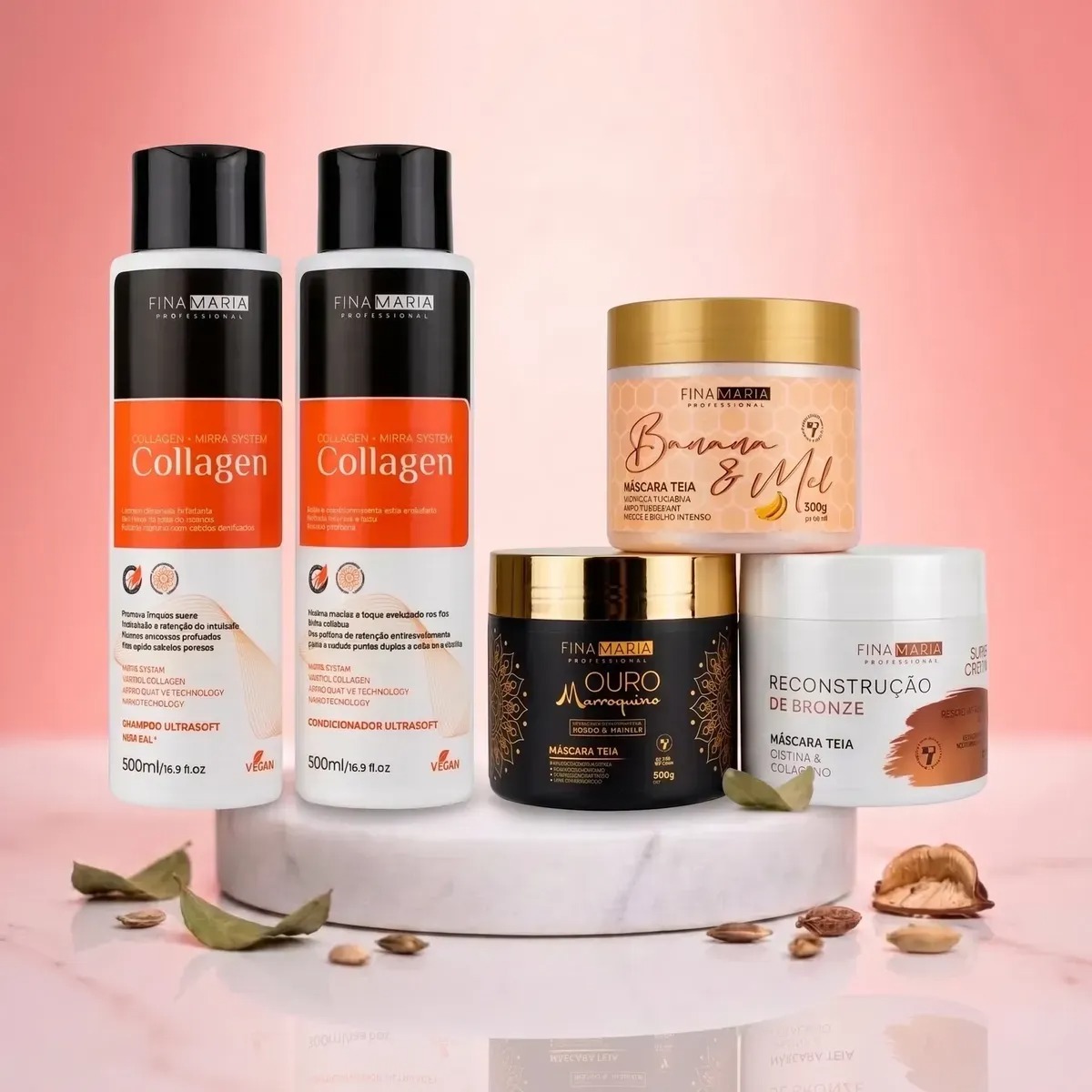 Cinco produtos capilares Fina Maria, incluindo Collagen e máscaras de tratamento